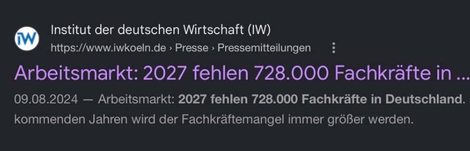 Résultat de recherche de l’Institut der deutschen Wirtschaft (IW) : 728 000 professionnels qualifiés manqueront en Allemagne en 2027